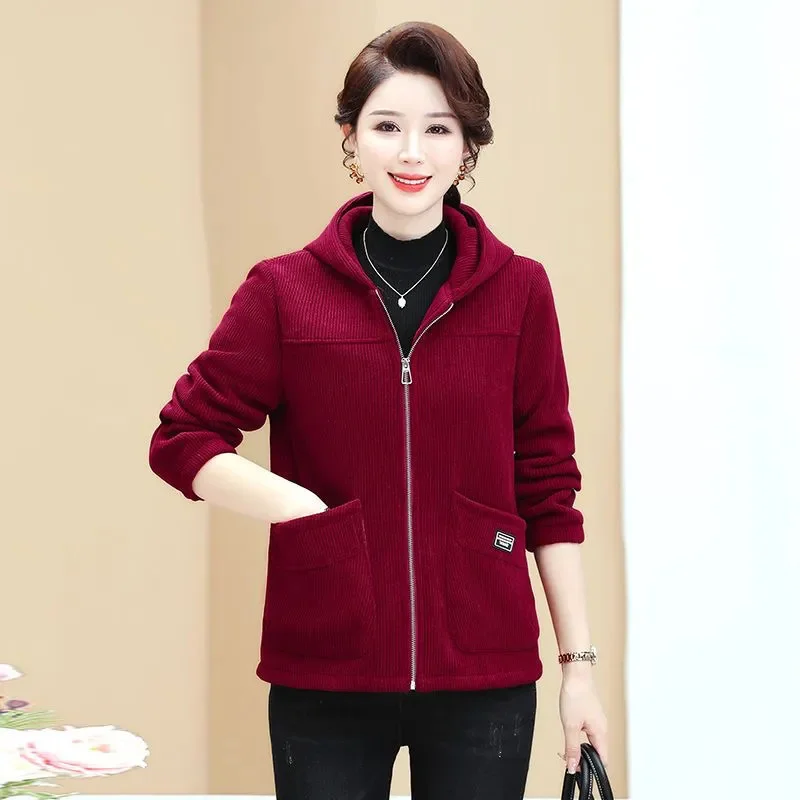 New Autumn Winter Corduroy Coat Women Add Velvet Warm Hooded Jacket Middle-Aged Mother Casual Outwear Joker Ladies Overcoat Tops