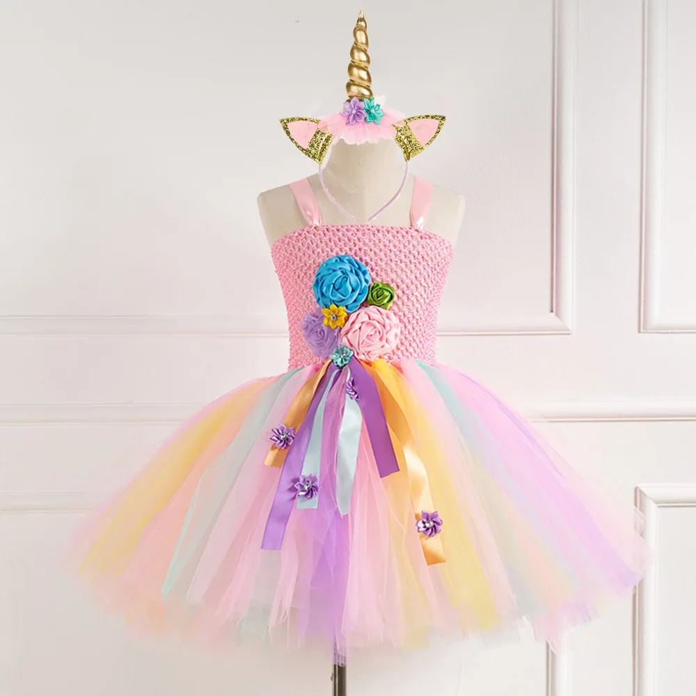 Pastel Rainbow Flower Girls Fairy Tutu Dress Children Birthday Party Princess Dress Ball Gown Kids Halloween Pixie Fairy Costume