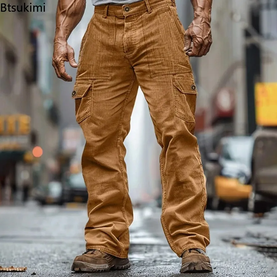 2026 Streetwear Fashion Men's Cargo Pants Autumn Outdoor Casual Solid Ribbed Corduroy Trousers Male Vintage Loose Straight Pants