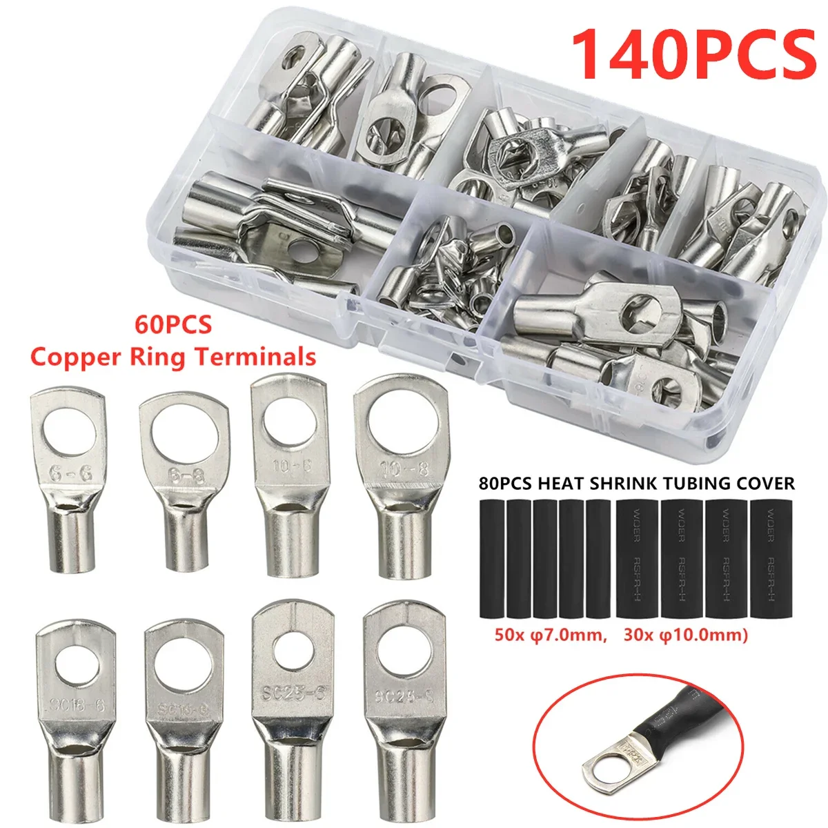 280/140Pcs SC Bare Bolt Hole Tinned Copper Cable Lugs Battery Terminal Wire Terminals Connectors