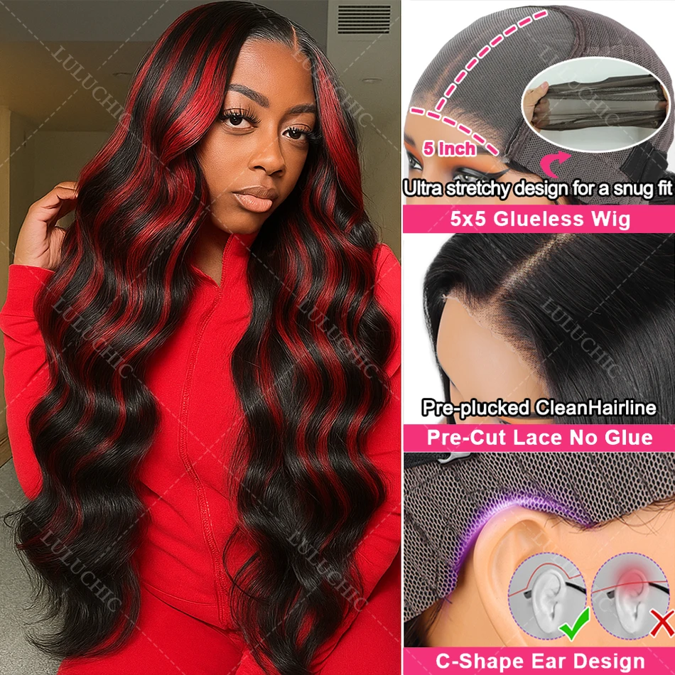 1B/99J أومبير الأسود مع الأحمر تسليط الضوء 5x5 الدانتيل إغلاق الجسم موجة باروكة من شعر طبيعي 30 بوصة ارتداء والذهاب البرازيلي الأحمر غلويليس الباروكات