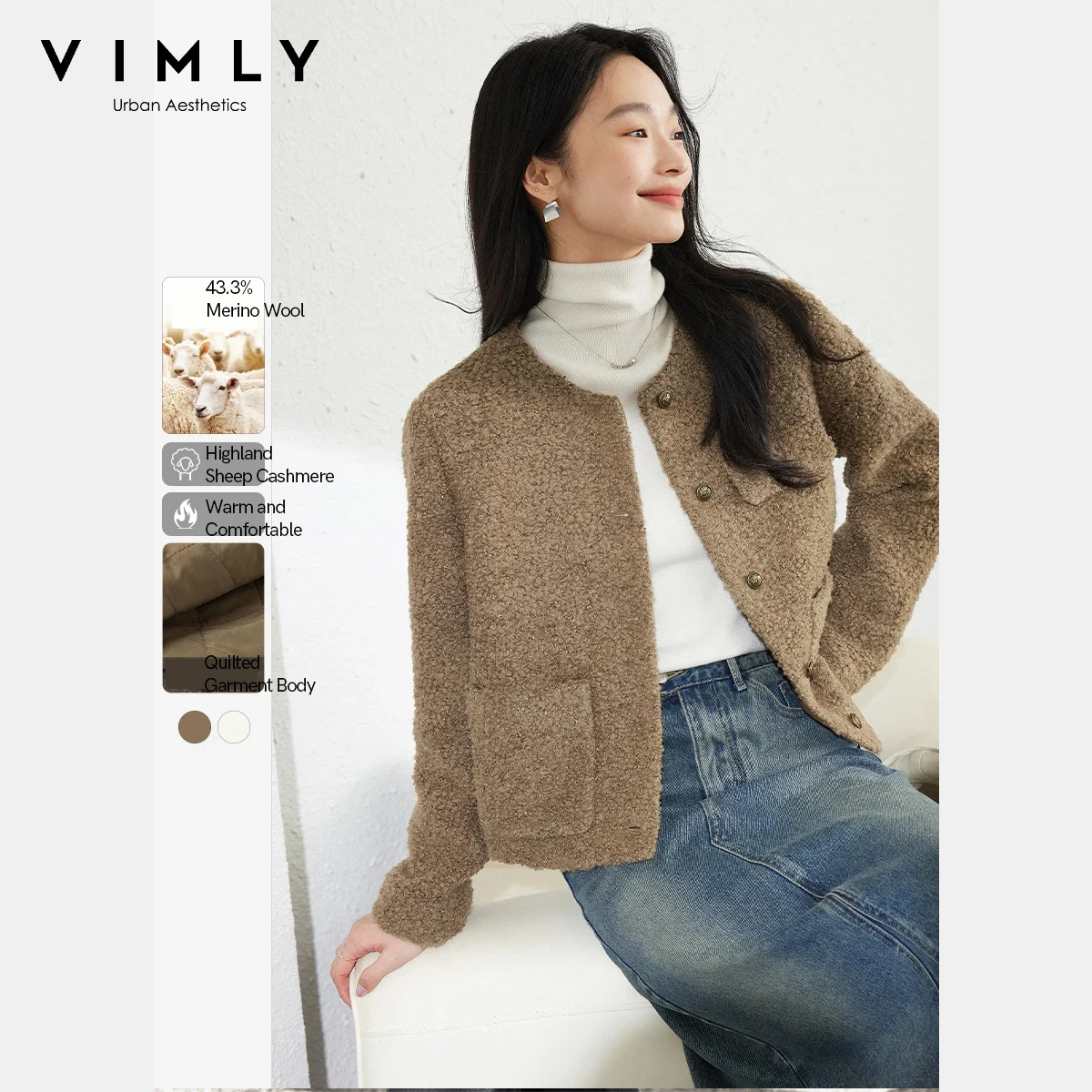 

Vimly Wool Blend Tweed Coat for Woman 2025 Winter O-Neck Single Breasted Thick Warmth Jacket Office Lady Commuter Outwear A0579