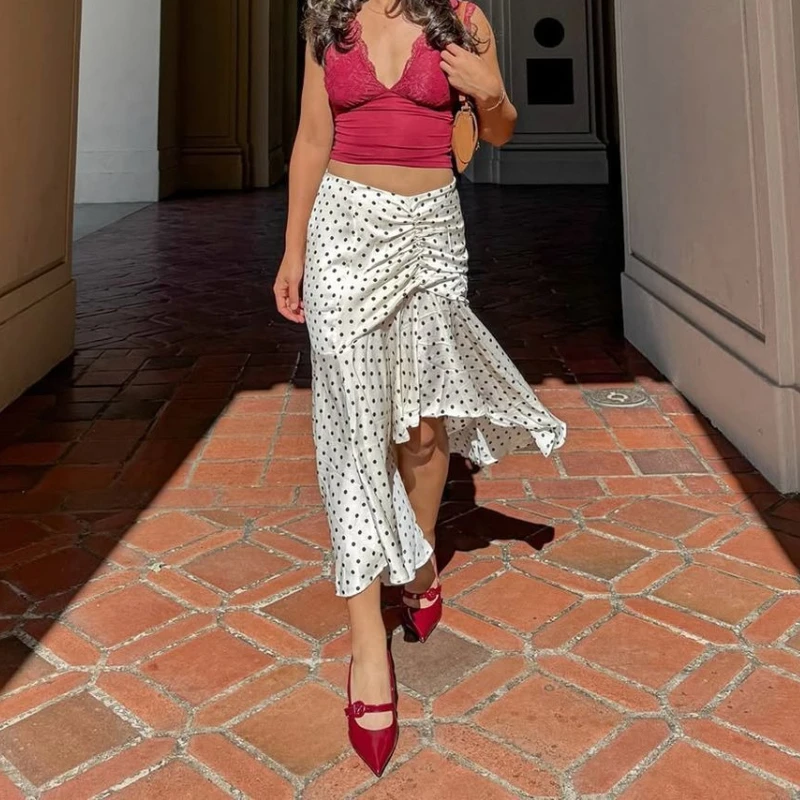 

Vintage Sexy Babes Polka Dot Print Irregular Hip Wrap Fishtail Skirt Women's Versatile