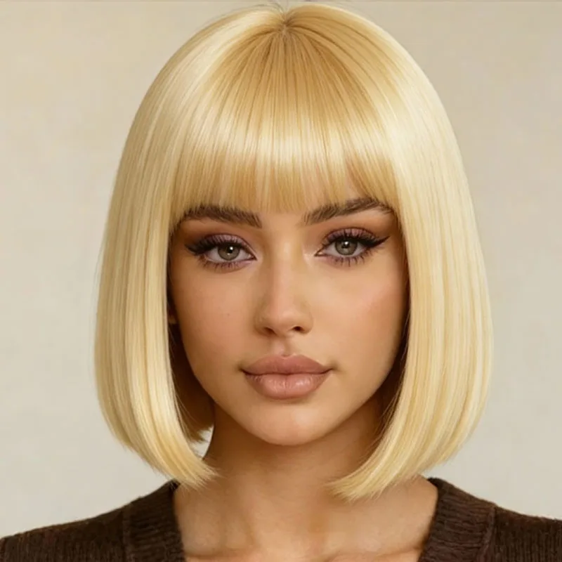 باروكة صناعية مستقيمة بنمط ذهبي أنيق مقاس 12 بوصة، مناسبة للعب الأدوار في الحفلات اليومية #2