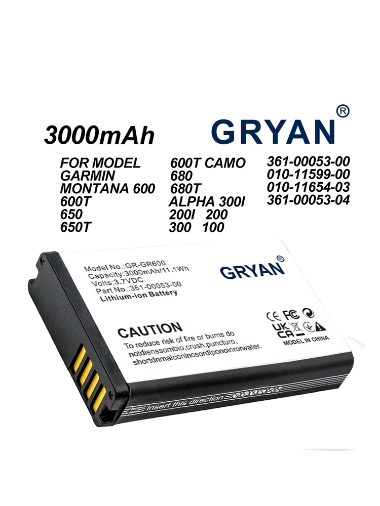 Batterie GRYAN 3000mAh pour Garmin Montana 600 650 650T 600t Camo 680 680T 010-11599-00 010-11654-03 361-00053-00 361-00053-04