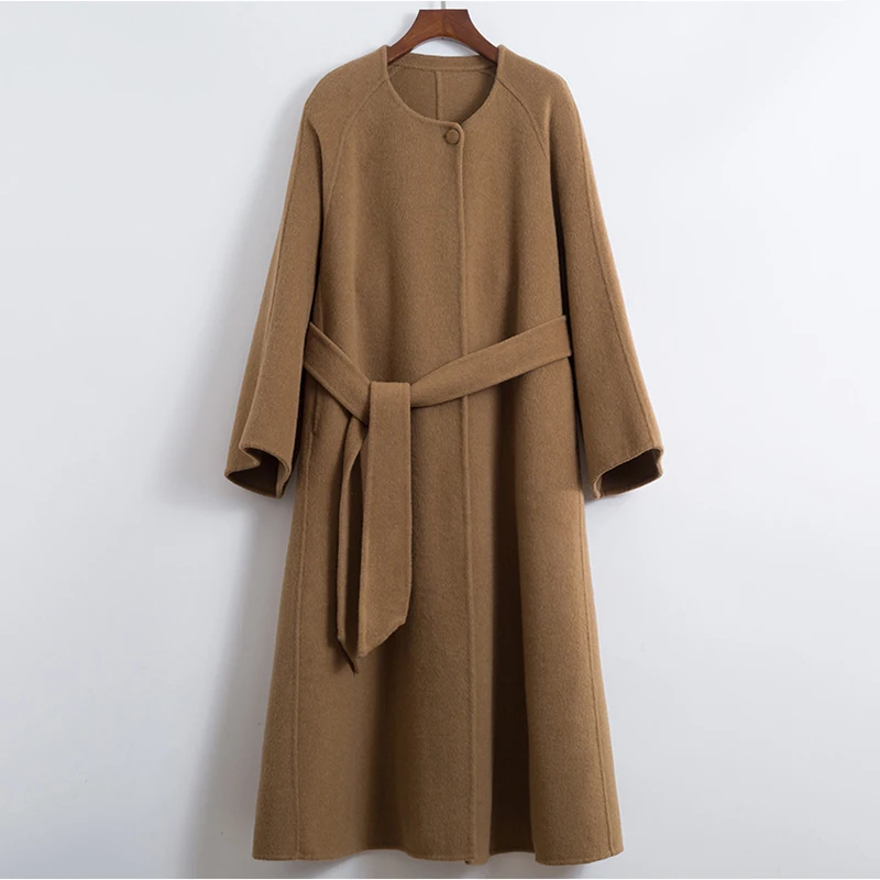 2024 Autumn Winter New Woolen Coats Round Neck Belt Overcoat Female Fashion Clothing Vintage Lace-Up Elegant Wool Jackets