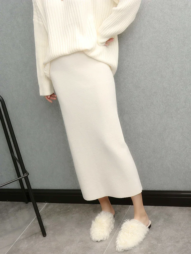 

Knitted Long Skirt Women 2023 Autumn Winter New High Waisted A-Line Slit Leg Skirts Elegant Ladies Vintage Solid Skirt