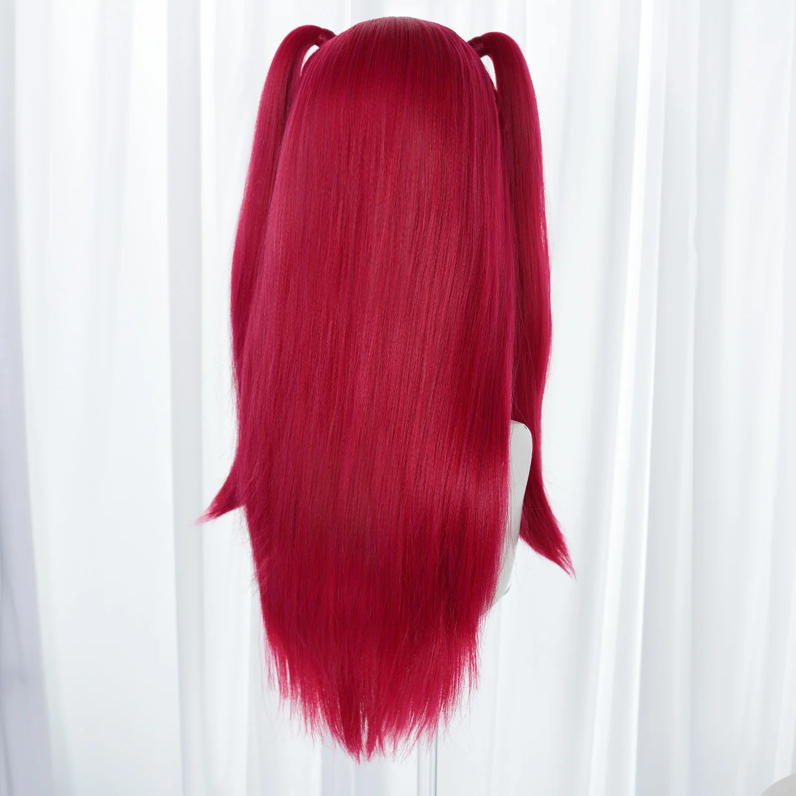 Wine Red Twin Tails Cosplay Wig Long Straight Detachable Ponytail Synthetic Anime Wig For Christmas Party Halloween Dress Up