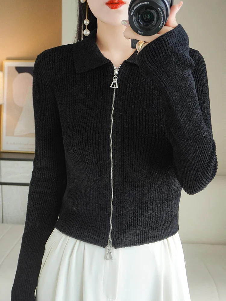 Women Autumn Winter Soft Wool Sweater Polo Collar Thicken Knitted Double Zipper Cardigan Basis ​Short Top Wool  Female Coat