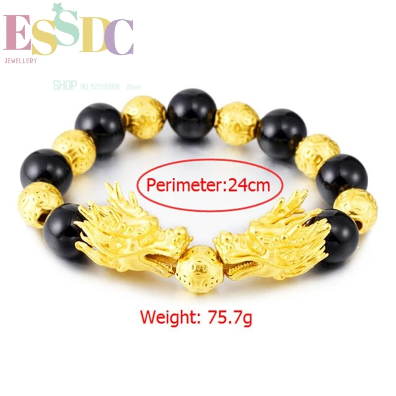 

Men's Natural Black Onyx Vietnam Sand Gold Round Coin Beads Powerful Double Dragon Head Charm Bracelet Wholesale