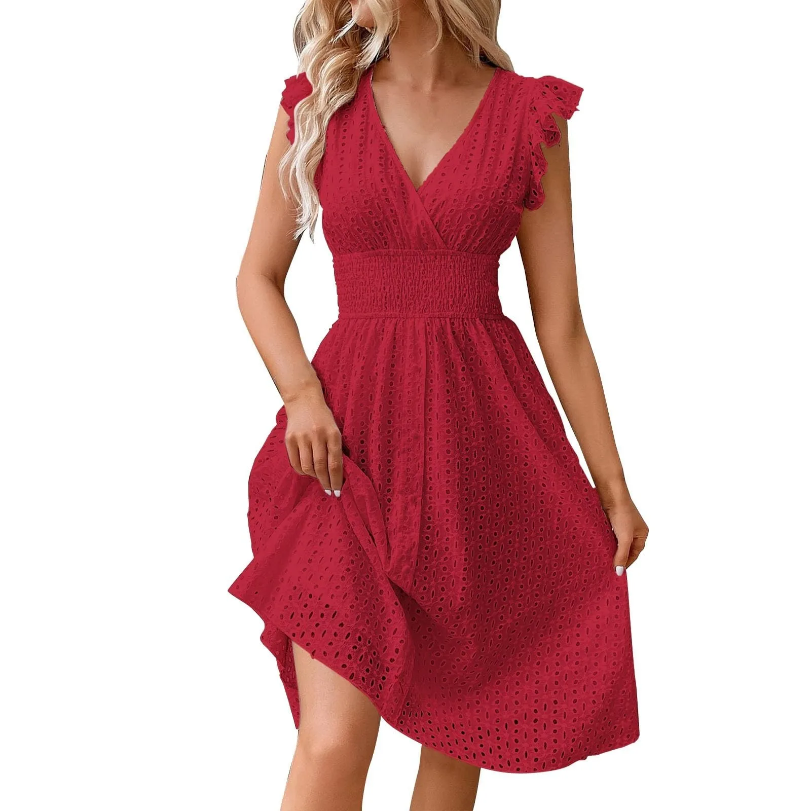 Women's Summer Lace V Neck Wrap Sundress Ruffle Sleeve Boho Floral Elastic Waist Cute Short Dresses Women Dress 2024 Trend Women