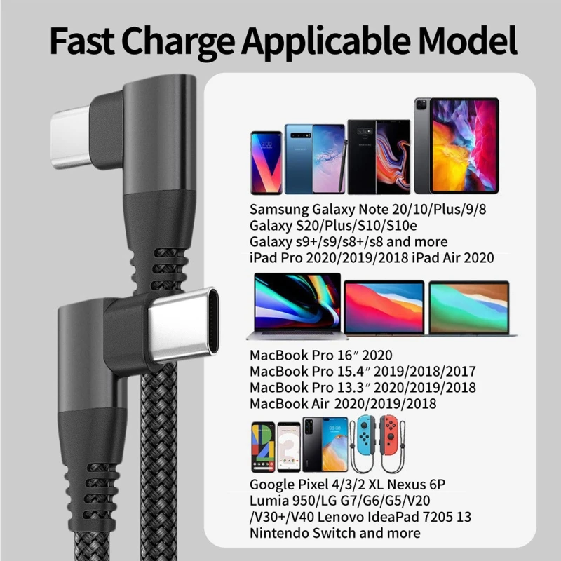 Cable USB C trenzado de ángulo recto, Cable Dual L USB C a C, Cable de carga y transferencia de datos para S10 S9, 90 grados