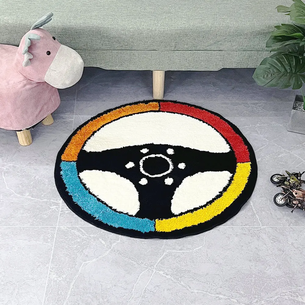 Retro Car Steering Wheel Carpet Handmade Tufted Rugs for Living Room Decor Soft Fluffy Boys Bedroom Area Rugs Foot Pad Bath Mat