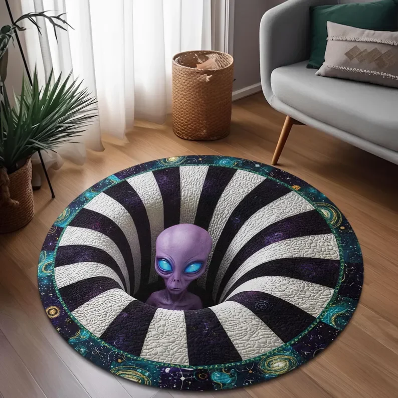 Purple Alien Optical Illusion Rug Galaxy Alien Round Area Rug Cosmic Space Carpet Futuristic Sci-Fi Fantasy Home Decor Carpets