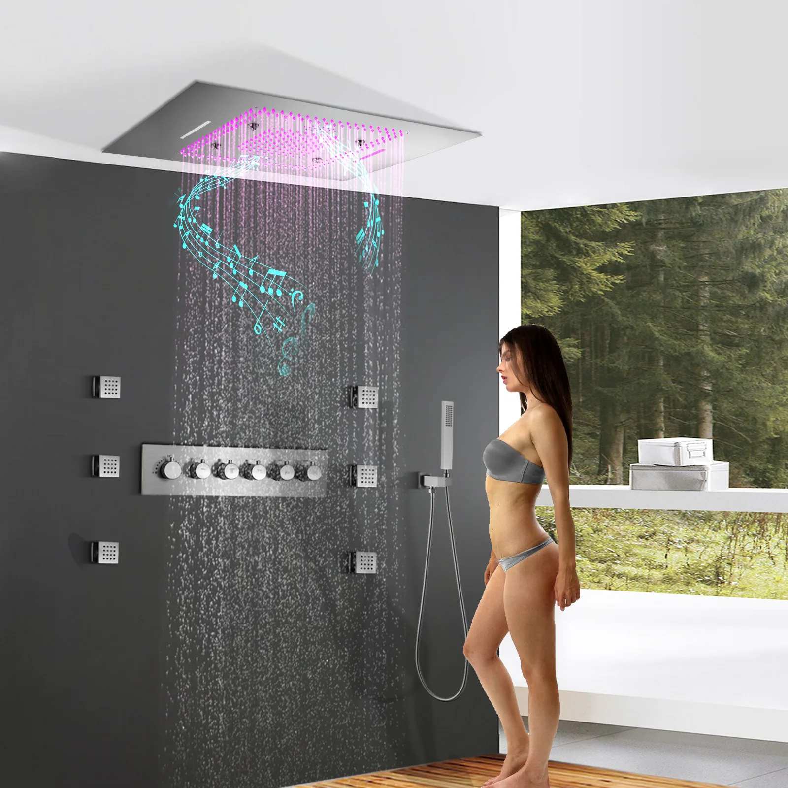 Embedded wall concealed LED music shower thermostatic valve body pre-embedded switch 64 colors