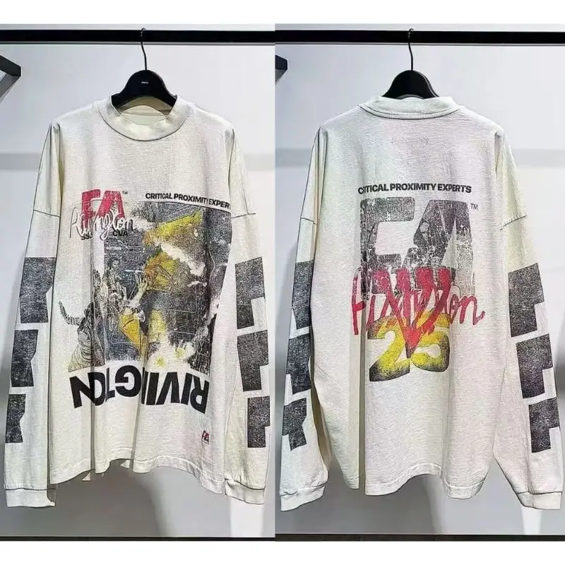 Y2K Retro RRR123 Lange Mouw Tops Graffiti Faded Brief Print Gewassen T-shirts Amerikaanse Hiphop Straat Katoen Mannen Vrouwen Sweatshirts