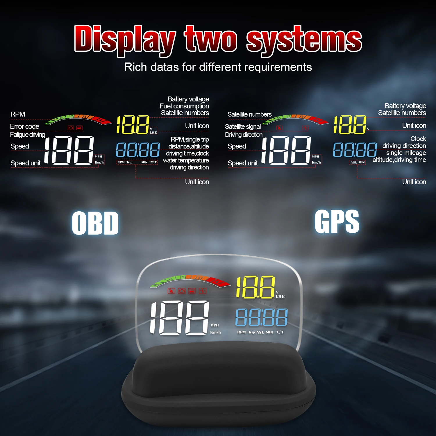 WYING C800 Samochodowy wyświetlacz GPS OBD2 HUD Nagrywanie jazdy Alarm przekroczenia prędkości Temperatura oleju Zużycie paliwa Komputer pokładowy