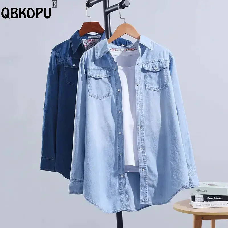 Vintage Blue Denim Shirts Jackets Women Casual Loose Single-breasted Jeans Blouses Tops Korean Mid-length Cowboy Camisas Coats