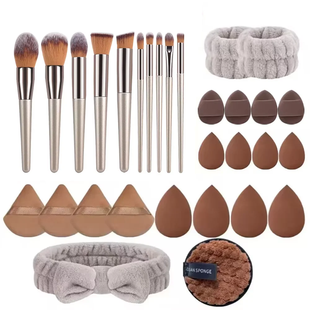 Beauty Makeup Gift Sets - ชุดแปรงแต่งหน้าและฟองน้ำแต่งหน้า, พัฟแต่งหน้าสีน้ำตาล, บิวตี้เอ้ก, ที่คาดผม, ชุดอุปกรณ์ถอดสายรัดข้อมือ, อุปกรณ์แต่งหน้า,