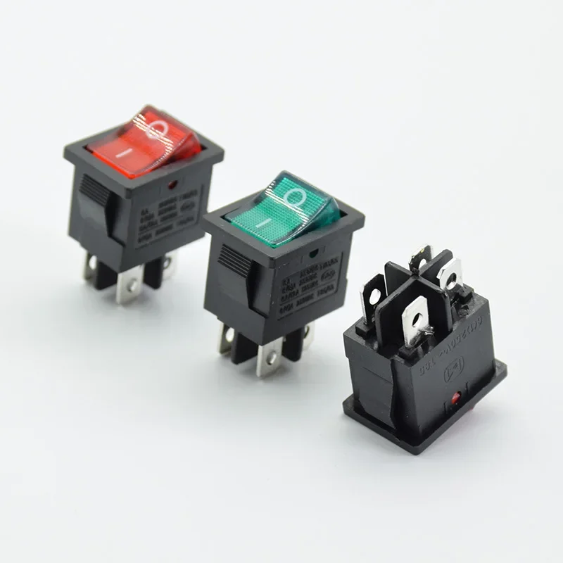 5PCS 21x15mm 6A 250V 125V Rocker power Switch With LED lights boat  Red 4 pin 2 terminal Hole size 13*19mm  KCD1-104