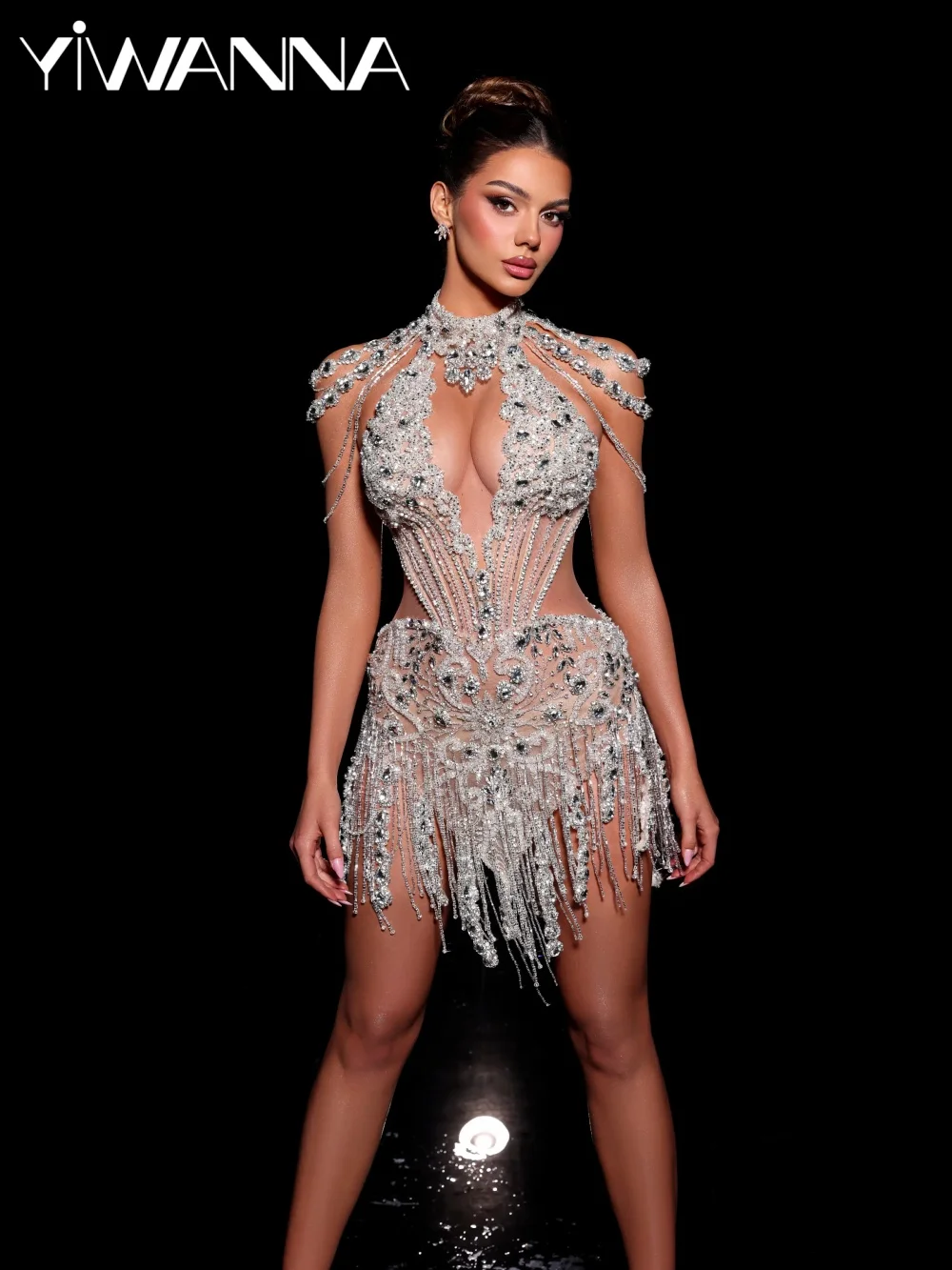 

2026 Silver Crystal Tassel Mini Evening Dress See Through High Collar Homecoming Dresses For Party Customized Cocktail Gown