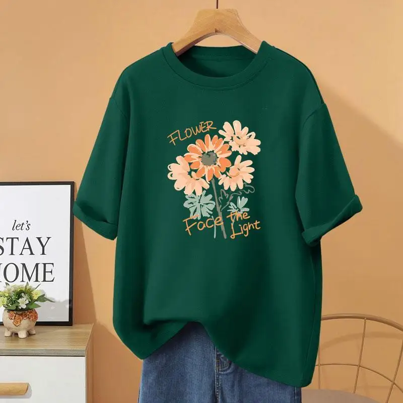 

Summer 100% cotton O-Neck Basic T-Shirt, Casual Loose Fashion Short Sleeve Top Tee, Womens Clothing Floral Printing Pullovers