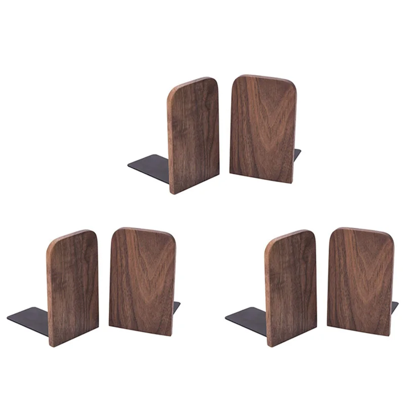 

YSS-6Pcs Wooden Bookends With Metal Base Heavy Duty Black Walnut Book Stand With Anti-Skid Dots For Office Desktop