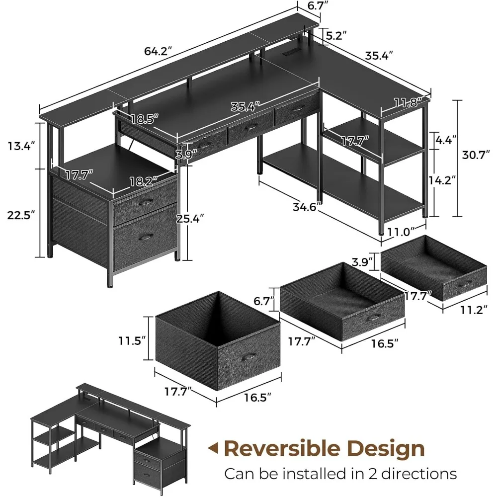 L Shaped Desk with File Drawers, 64