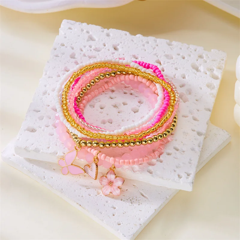 9-teiliges Set Böhmische Schmetterlings-Blumen-Anhänger-Armbänder für Frauen, Handgefertigte Reisperlen-Armbänder, Gestapelte Armbänder, Sommer-Strandparty-Schmuck – Detail 12