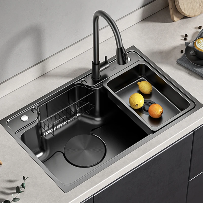 Large Multiple Size Black Grey Nano Kitchen Sink Thickened Wash Basin Single Bowl Topmount Undermount   Faucet Drain