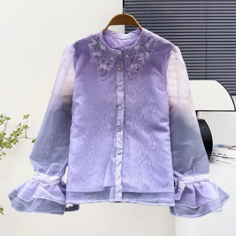 

New,Korean,Style,Loose,Blouse,Chic,Sexy,Single-breasted，Shiny,Beading,Patchwork,Women,Ruffles,Long Sleeve,Shirt,Tops,571602