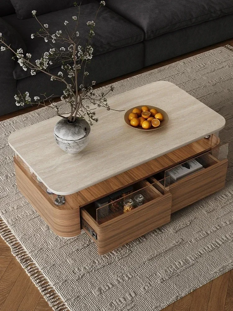 Travertine rock slab coffee table living room 2025 new home light luxury high sense medium and ancient rectangular table