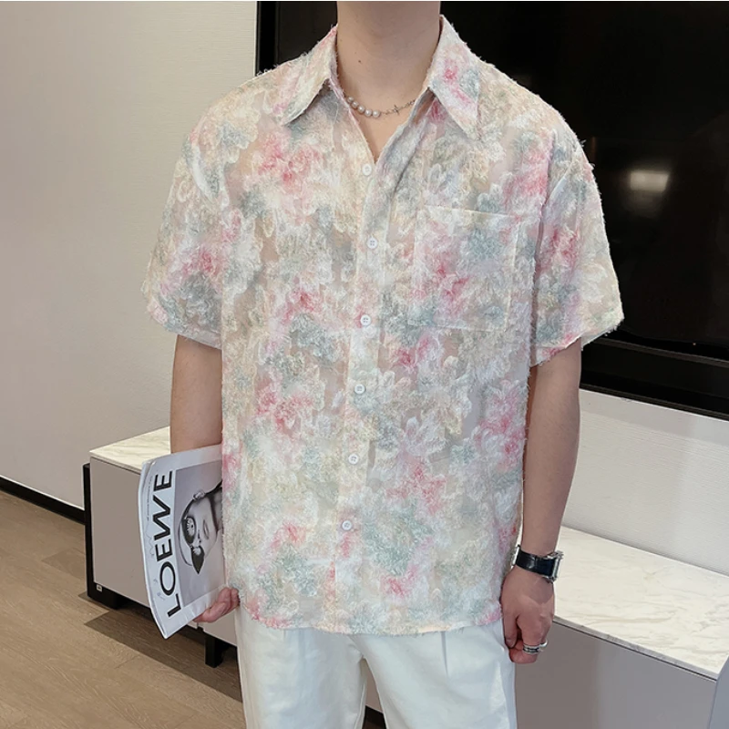 High-quality Fringe Floral Shirt for Men Summer Short Sleeve Loose Shirts Fashion Oversized Streetwear Harajuku Top Men Clothing