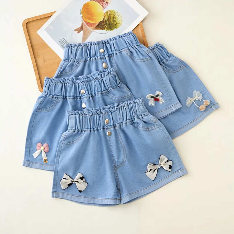 2-12Y Girls Denim Shorts for Children's Clothing 2025 New Baby Teens Kids Blue Solid Color Lace Paste Bow Short Jeans Pants