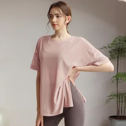 Women's Yoga Clothes Round Neck Short Sleeve Loose T-shirt Mesh Breathable Solid Color Split Comfort Spors Fitness Summer 2024