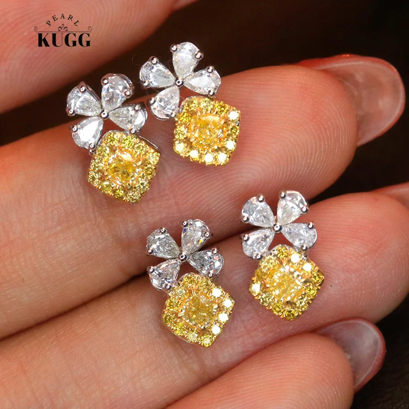 

KUGG серьги из 100% белого золота 18 карат, роскошные серьги-гвоздики в романтическом стиле с настоящими натуральными желтыми бриллиантами для женщин, ювелирные изделия для вечеринок