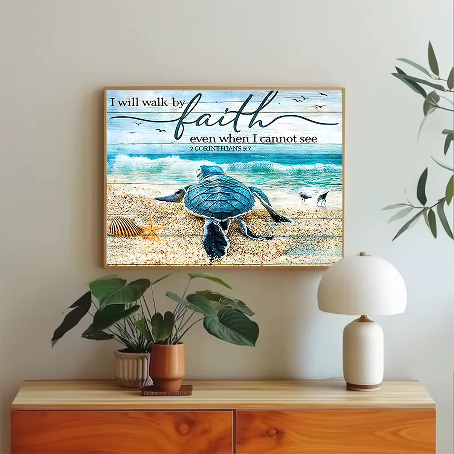 Sea Turtle Canvas I Will Walk By Faith 2 Corinthians 5:7 Beach Ocean Wall Art Christian Poster Home Decor