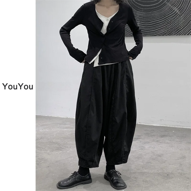 

Темные женские брюки-бананы с высокой талией, укороченные, свободного кроя, фасона «фонарик», «морковки», летние повседневные брюки