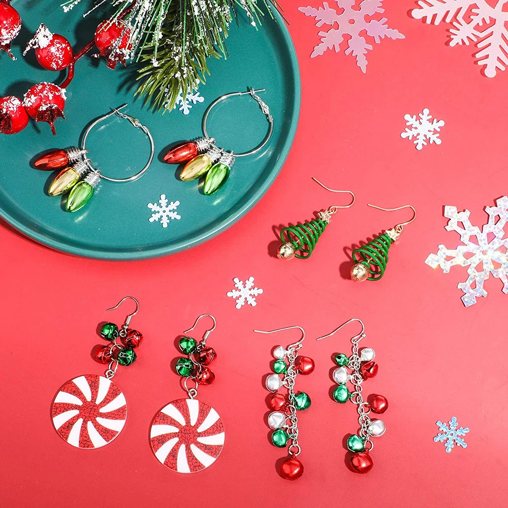 1 Pair Christmas Dangle Earrings Christmas Bell Light Bulbs Hoop Earrings Christmas Tree Earrings for Women Girls Xmas Part Gift