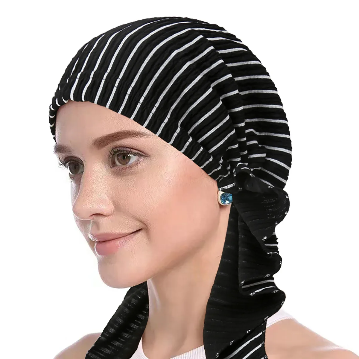 

New Women Pre-Tied Hat Turban Muslim Hijab Stripe Beanies Bonnet Headscarf Hair Loss Head Wrap Chemo Cap Headband Turbante Mujer