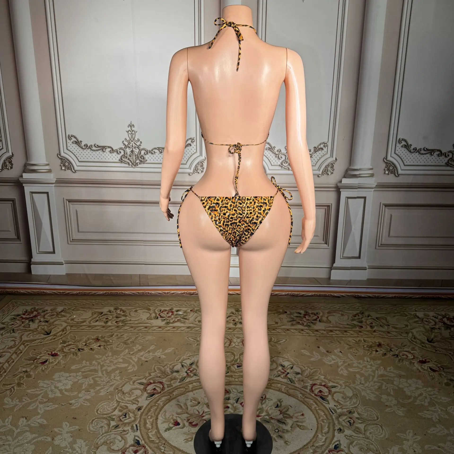 Sexy rhinestone halter-neck strap leopard print triangle bikini set for summer seaside and beach vacation swimsuit in large size