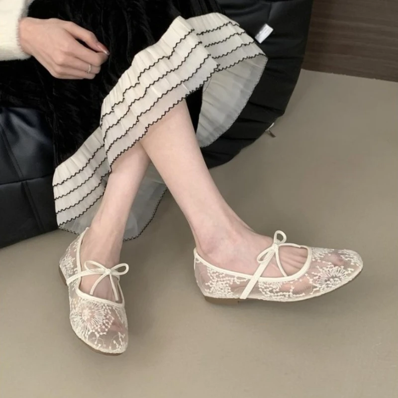 Mesh spitze innere erhöhung frauen schuhe sommer neue sexy quadratischen kopf flache atmungsaktive ballett schuhe bogen flache schuhe