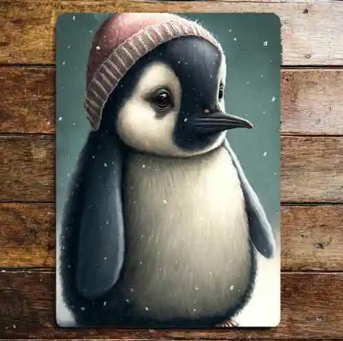 Little Penguin  winter hat Metal Sign Plaque