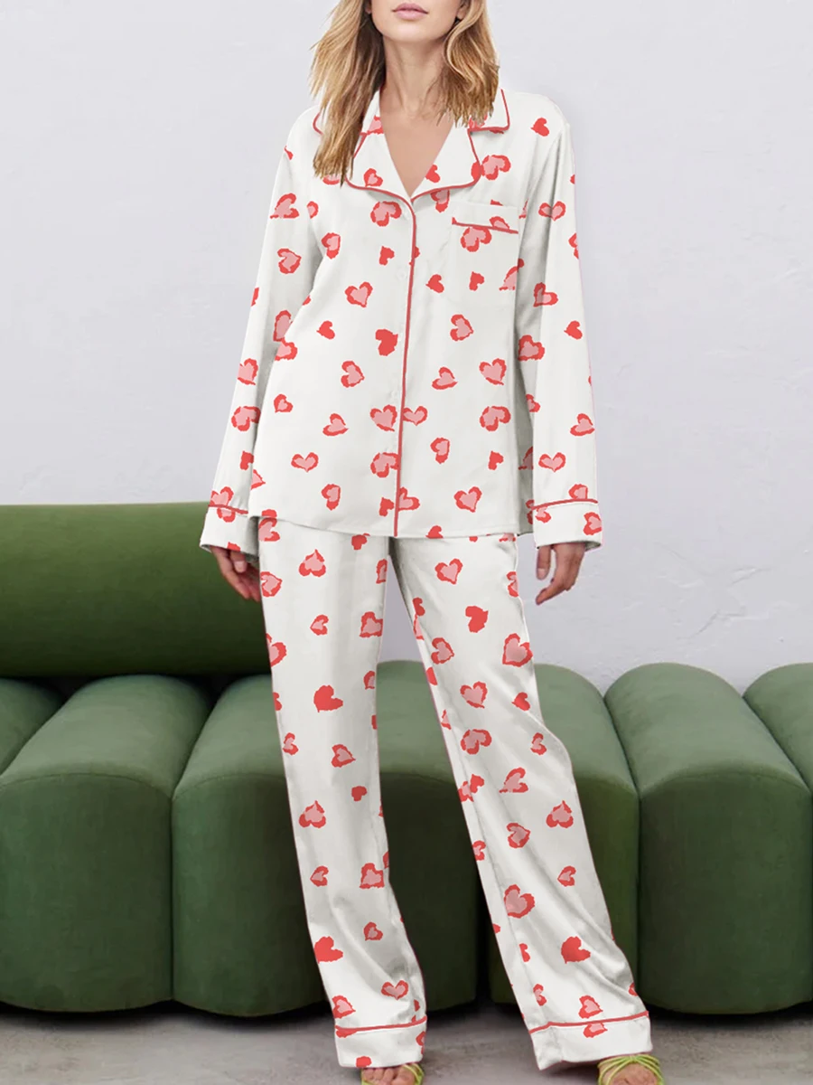 

Women’s Two Piece Pajama Set Cute Long Sleeve Heart Print Shirt and Pants Set Loungewear
