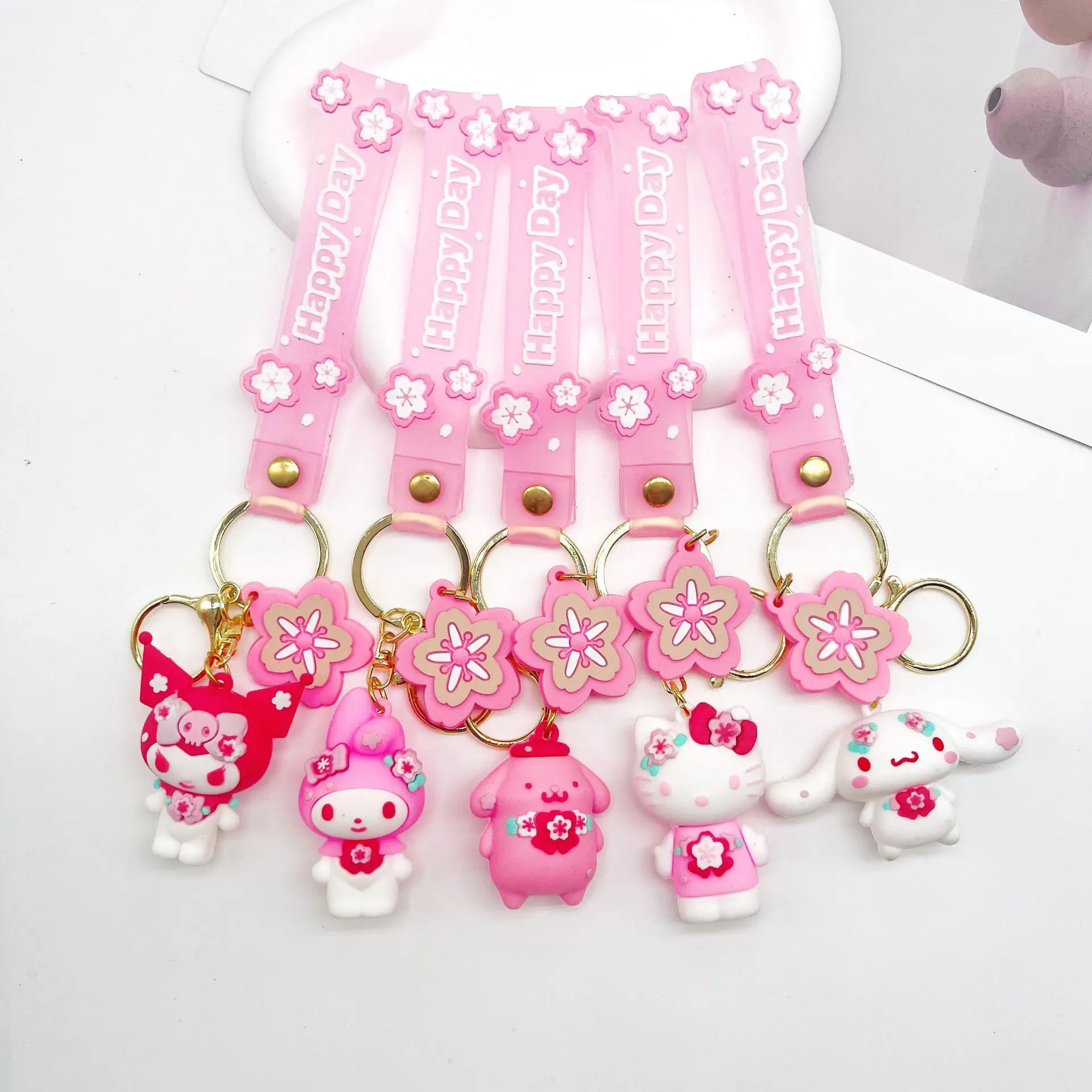 New  Pink Cherry Blossom Cartoon Hello Kitty Kuromi Cinnamoroll Keychain Pendant Soft Rubber Doll Small Gifts