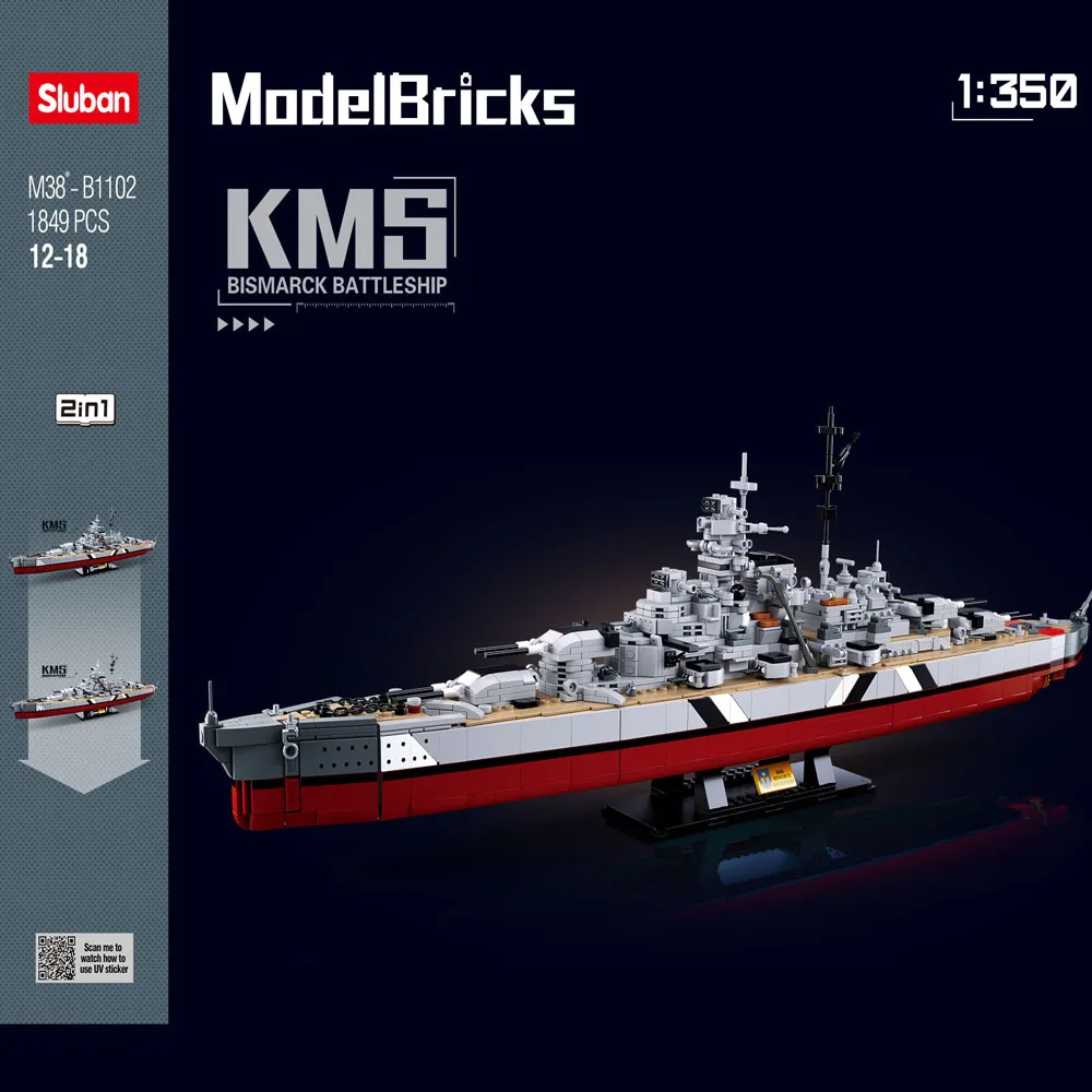 Sluban Building Block Toys Carrier Vessels 1849PCS Model Bricks B1102 Bismarck Battleship Compatbile With Leading Brands