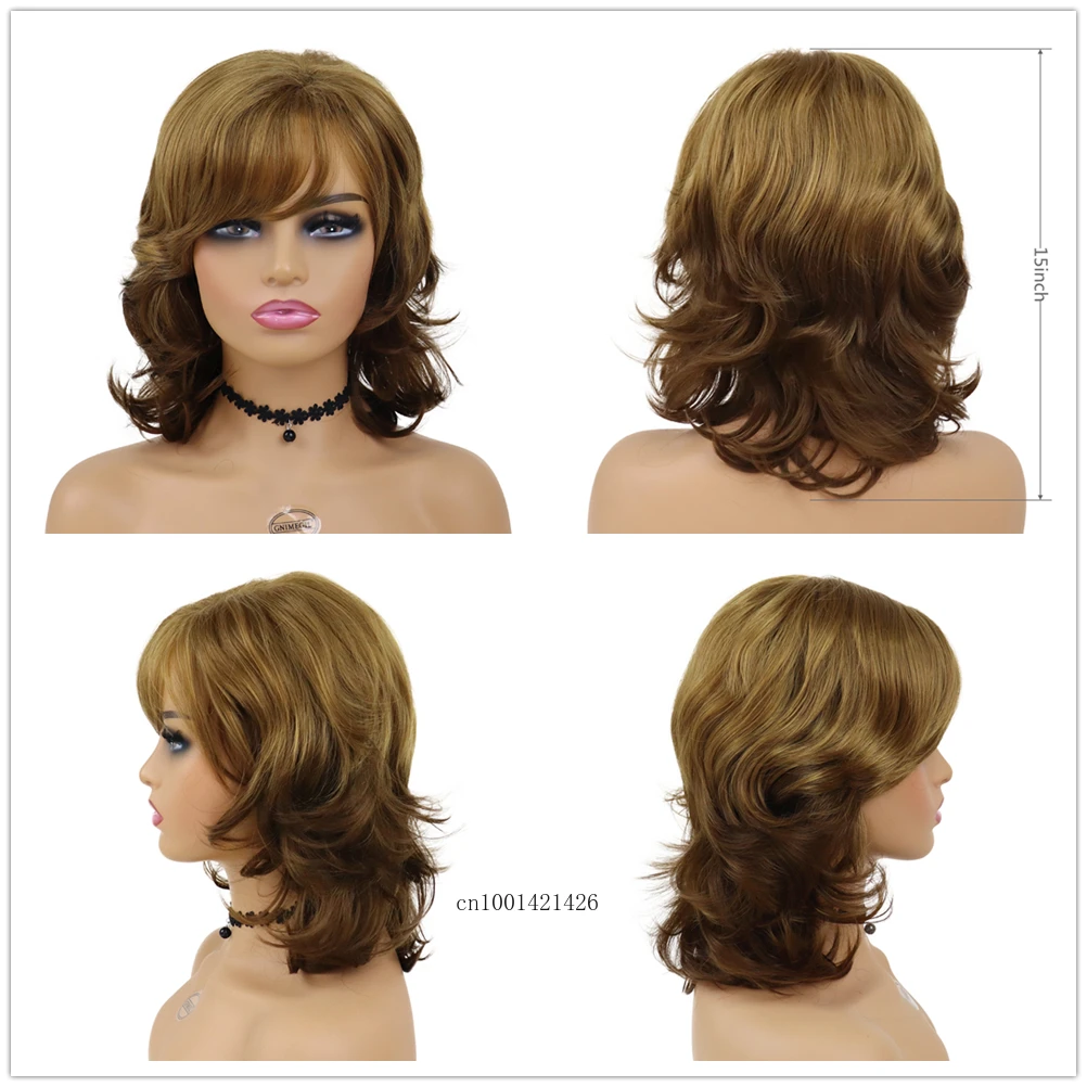 Synthetic Ombre Brown Blonde Wig with Bang Medium Length Shoulder Wigs Women Curly Wavy Hairstyles Daily Hair Replacement Wigs