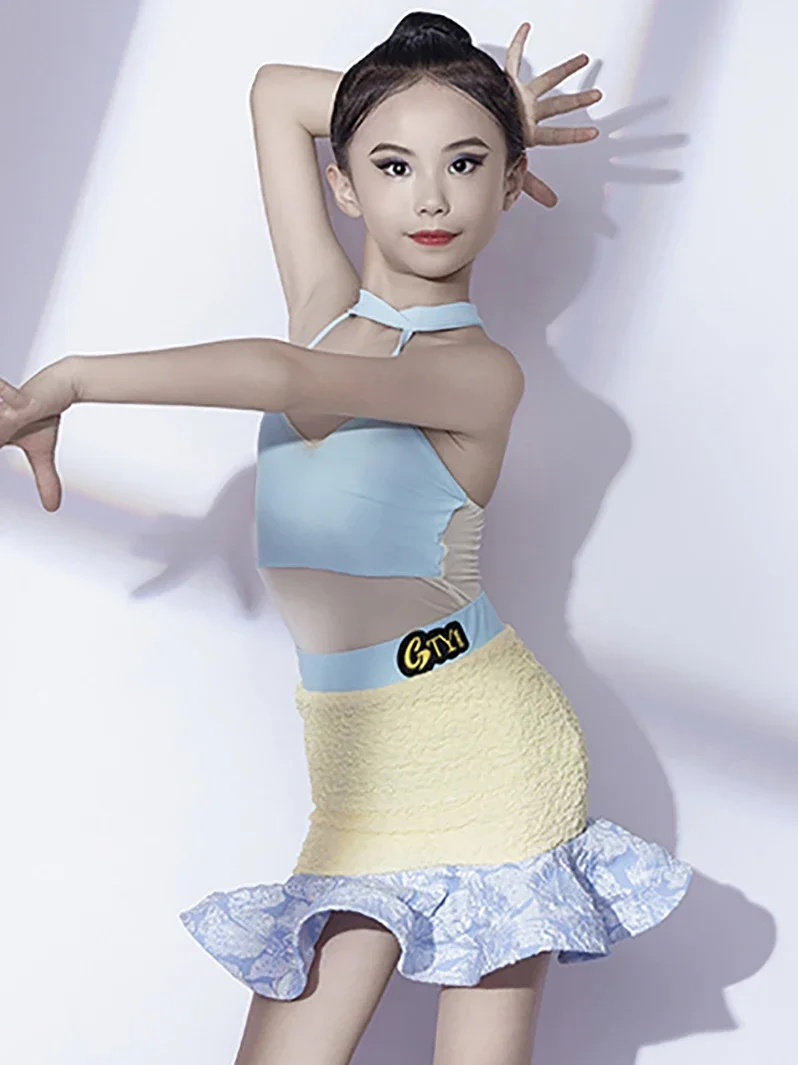 Kids Girls Latin Dancewear Latin Dance Flower Practice Set Halter Backless Advanced Sense Practice Table Performance abbigliamento