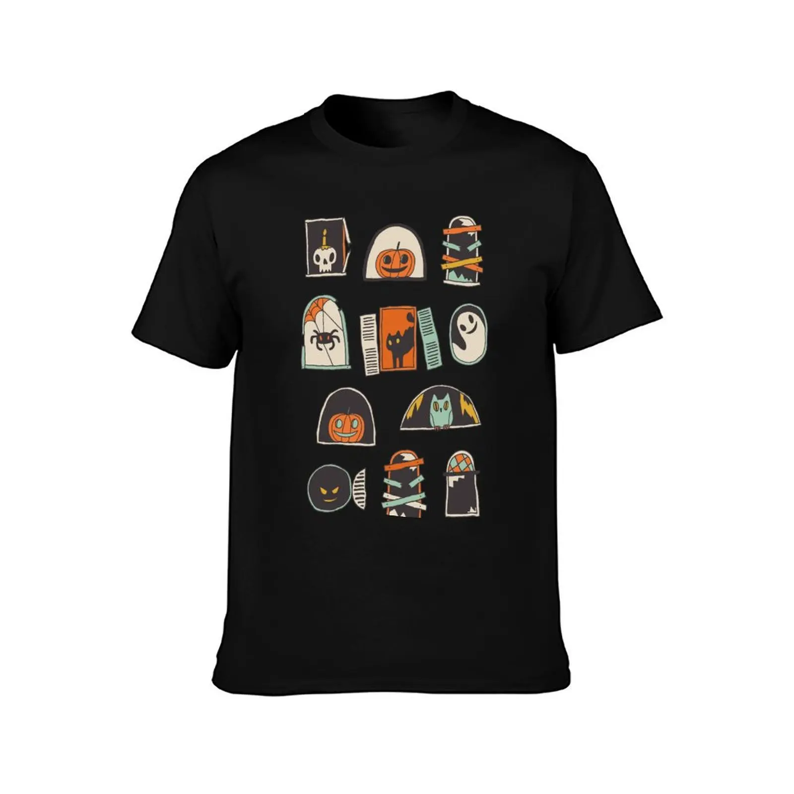Halloween windows with ghost, black cat, spider, pumpkin T-Shirt Festival Party Tee Top T-Shirt