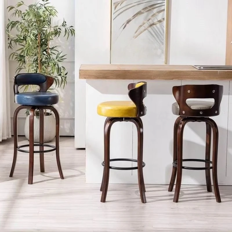 American modern solid wood bar chair creative light luxury home high stool leather Nordic backrest restaurant kitchen cafe bar
